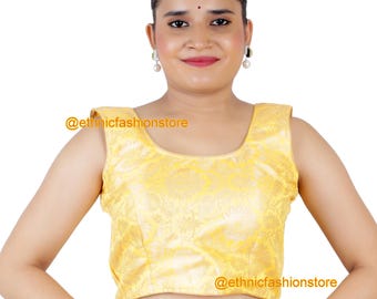 Readymade Yellow Saree Blouse, Designer Saree Blouse,Brocade Silk Sari Blouse, Sari Top , Indian Sari Blouse, Sleeveless Blouse