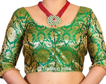 Blusa sari verde confeccionada, blusa sari de diseñador, blusa sari de seda Banarasi, top sari, sari indio, blusa con mangas al codo