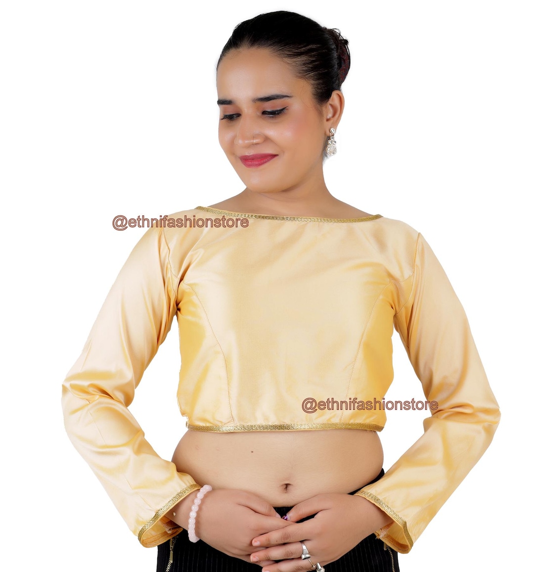 Blusa sari de manga larga con cuello de barco dorado, blusa sari