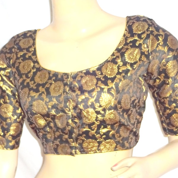 Readymade Saree Blouse, Designer Sari Blouse, Traditional Sari Blouse, Black Brocade Silk Blouse, Elbow Sleeves Blouse, Plus Size Blouse