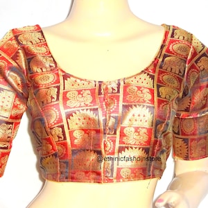Camicetta sari marrone pronta all&#39;uso, camicetta sari firmata, camicetta sari in seta broccata, top sari, sari indiano, camicetta con maniche a gomito