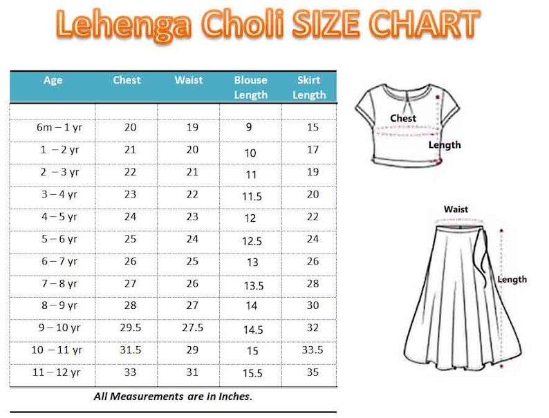 May include: A size chart for a lehenga choli, a traditional Indian outfit, with measurements in inches for different ages, including chest, waist, blouse length, and skirt length.