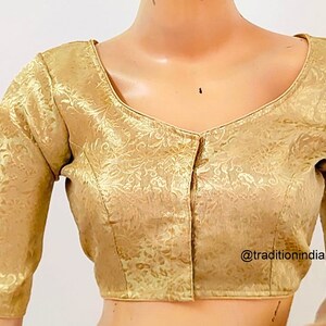 Women's Saree Blouse, Readymade Banarasi Silk Blouse, Gold Sari Blouse, Plus size Saree Blouse, Elbow Sleeves Saree Top image 7