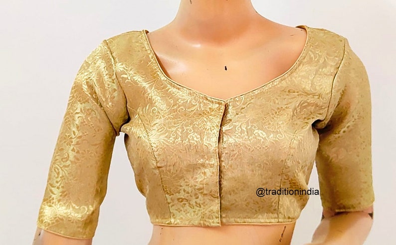 Women's Saree Blouse, Readymade Banarasi Silk Blouse, Gold Sari Blouse, Plus size Saree Blouse, Elbow Sleeves Saree Top image 7