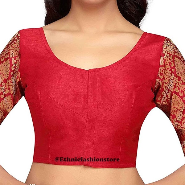 Red Dupion Silk & Banarasi Sleeves Saree Blouse, Saree Blouse, Ready to Wear Saree Blouse,Saree Blouse, Sari Blouse, Indian Sari