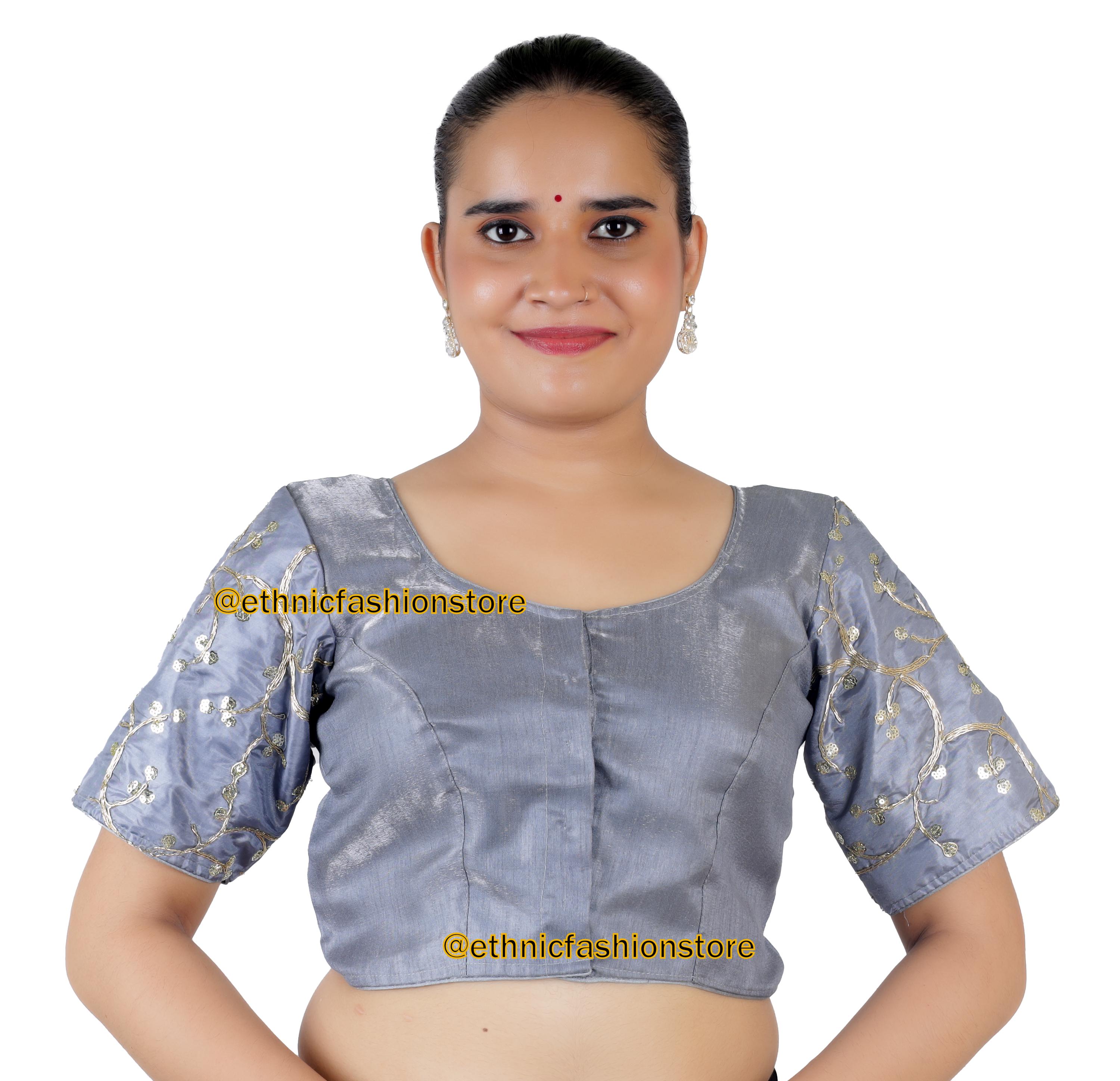Grey Dupion & Art Silk Saree Blouse, Saree Blouse, Ready to Wear