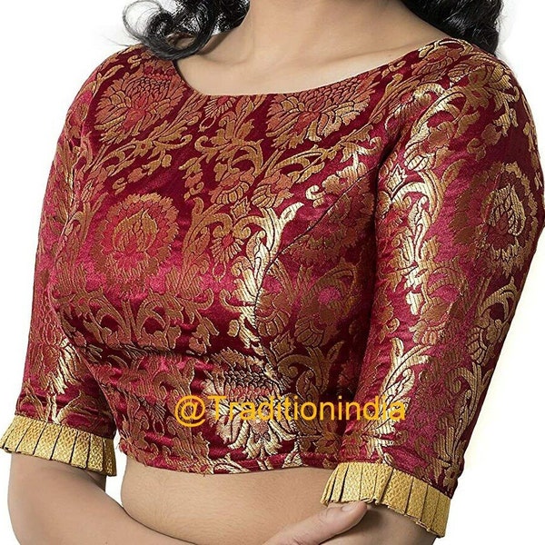 Readymade Maroon Banarasi  Silk Saree Blouse, Designer Saree Blouse, Banarasi Silk Sari Blouse, Sari Top , Indian Sari Blouse, Saree Blouse