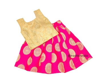 Nyfödd Lehenga Choli & Dupatta, Rosa Lehenga För Flickor, Banarasi Siden Barn Etniska Kläder Babyflickor Indiska Festkläder, Flickor Pattu Pavadai