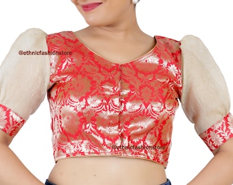 Red Banarasi Silk Saree Blouse, Party Wear Sari Blouse, Readymade Saree Blouse, Balloon Sleeve Sari Blouse,Boat Neck Blouse for Sari Bust 34