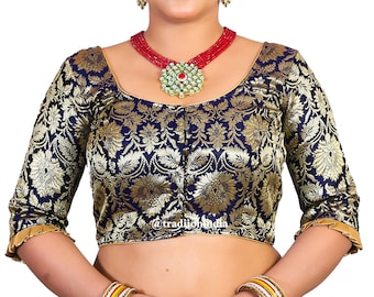 Stock SALE - Navy Blue Elbow Sleeves Saree Blouse, Party Wear Blouse, Banarasi Silk Saree Blouse, Women's Saree Blouse, Blouse For Saree