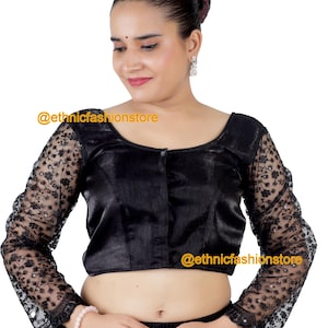 Designer Embroidered Net Black Blouse, Readymade Long Sleeves Saree Blouse, Women&#39;s Saree Blouse, Ready to Wear Blouse,Plus Size saree Tops