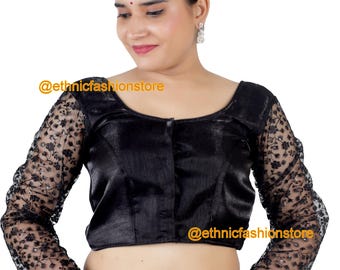 Designer Embroidered Net Blouse, Readymade Long Sleeves Saree Blouse, Women's Saree Blouse, Ready to Wear Blouse,Plus Size saree Tops
