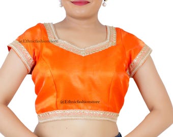 Orange Saree Blouse, Readymade Saree Blouse, Party Wear Saree Top, Indian Blouse, Wedding Sari Blouse, Bust Size -34