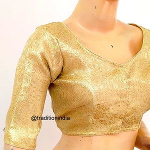Camicetta in sari da donna, camicetta in seta Banarasi pronta all&#39;uso, camicetta in sari dorata, camicetta in sari taglie forti, top in sari con maniche a gomito