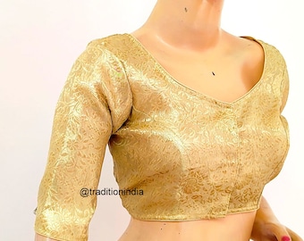 Blusa para sari de mujer, blusa de seda Banarasi confeccionada, blusa dorada para sari, blusa para sari de tallas grandes, blusa para sari de manga tres cuartos