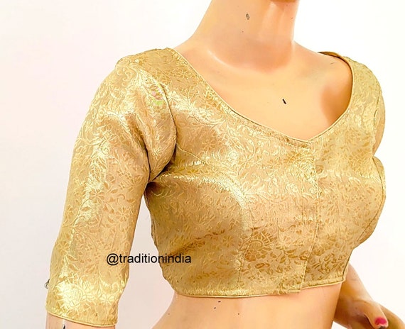 Women's Saree Blouse, Readymade Banarasi Silk Blouse, Gold Sari Blouse, Plus size Saree Blouse, Elbow Sleeves Saree Top