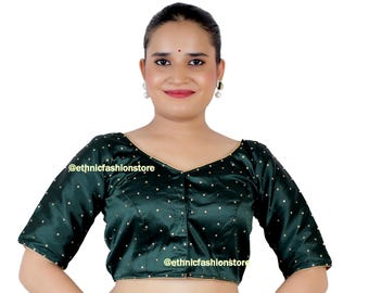 Blusa sari verde oscuro confeccionada en oferta, blusa con trabajo de piedras de circonita, blusa sari lista para usar, blusa sari, blusa sari, talla de busto: 44