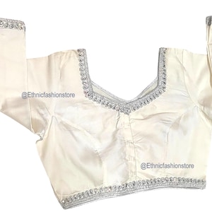 Kant-en-klare blouse, gebroken witte sari-blouse, kant-en-klare sari-blouse met zilveren rand, sari-blouse, Indiase sari maat -38