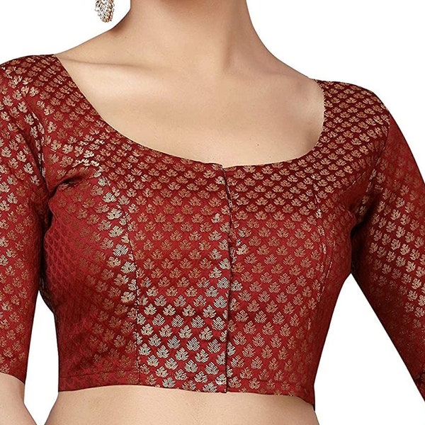 Designer Maroon Chanderi Silk Elbow Saree Blouse, Indian blouse, Sari Blouse, Ethnic Choli, Traditional Saree Blouse, Readymade Blouse,