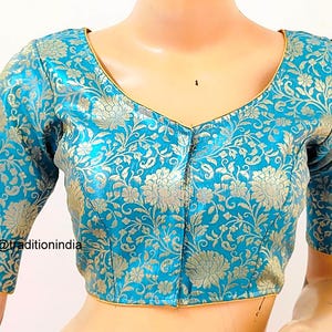 Women's Saree Blouse, Readymade Banarasi Silk Blouse, Gold Sari Blouse, Plus size Saree Blouse, Elbow Sleeves Saree Top Turquoise