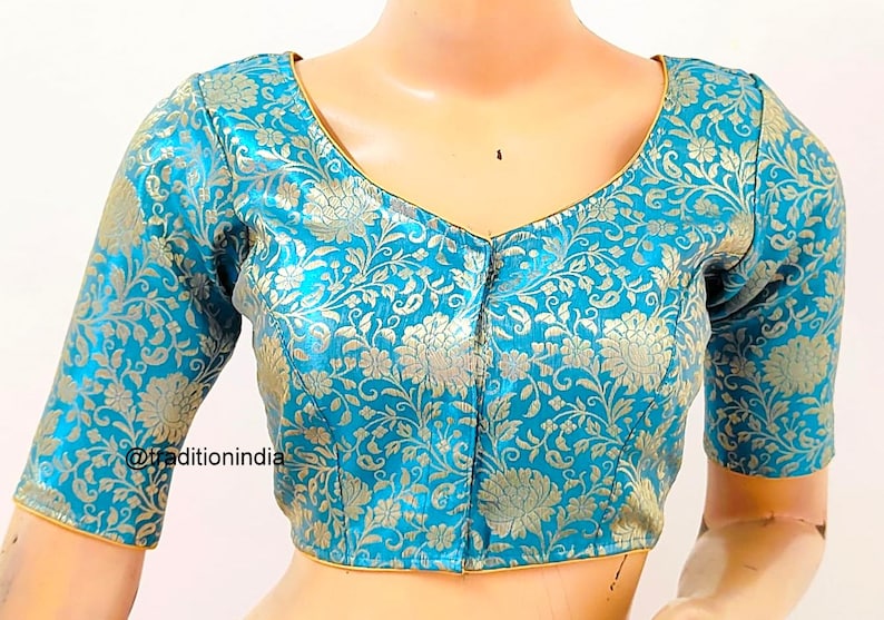 Women's Saree Blouse, Readymade Banarasi Silk Blouse, Gold Sari Blouse, Plus size Saree Blouse, Elbow Sleeves Saree Top Turquoise