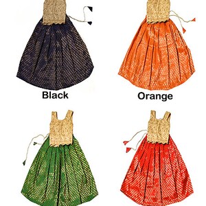 May include: Four sleeveless dresses with gold embroidered tops and different colored skirts. The skirts are black, orange, green, and red.