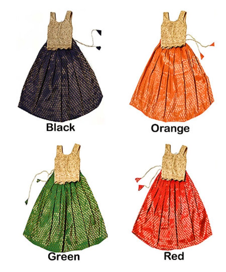 May include: Four sleeveless dresses with gold embroidered tops and different colored skirts. The skirts are black, orange, green, and red.