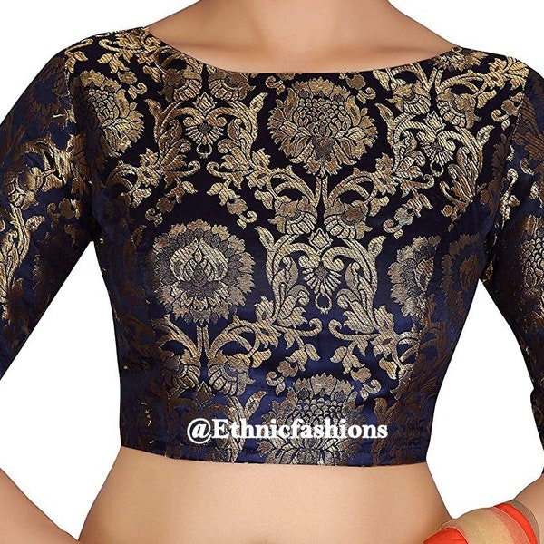 Navy Blue Banarasi Silk Saree Blouse, Saree Blouse, Ready to Wear Saree Blouse,Saree Blouse, Sari Blouse, Indian Sari