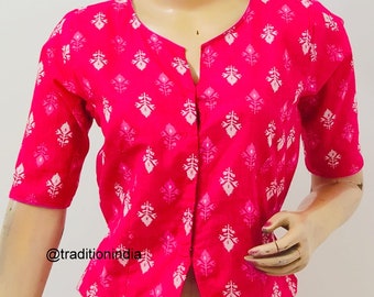 Women's Pure Cotton Long Saree Blouse, Indian Saree Blouse, Short Cotton Kurti Readymade Saree Blouse, Long Sari Blouse, Saree Top, Crop Top