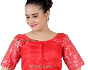 Readymade Saree Blouse, Designer Saree Blouse,Sari Blouse, Sari Top , Indian Sari Blouse, Designer Red Elbow Sleeves Blouse
