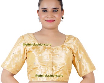Gold Art Silk Saree Blouse, Indian blouse, Sari Blouse, Ethnic Choli, Traditional Saree Blouse, Readymade Blouse, Mirror Work Saree Blouse