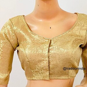 Women's Saree Blouse, Readymade Banarasi Silk Blouse, Gold Sari Blouse, Plus size Saree Blouse, Elbow Sleeves Saree Top image 4