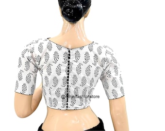 Pure Cotton Saree Blouse, Readymade Women 's Sari Top, White Printed Boat Neck Blouse for Saree, White Cotton Sari Blouse Plus Size Blouses