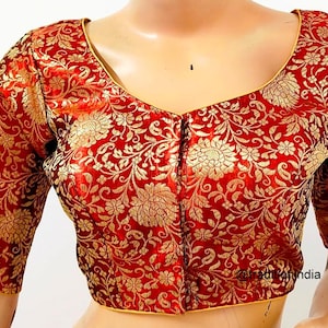 Women's Saree Blouse, Readymade Banarasi Silk Blouse, Gold Sari Blouse, Plus size Saree Blouse, Elbow Sleeves Saree Top maroon