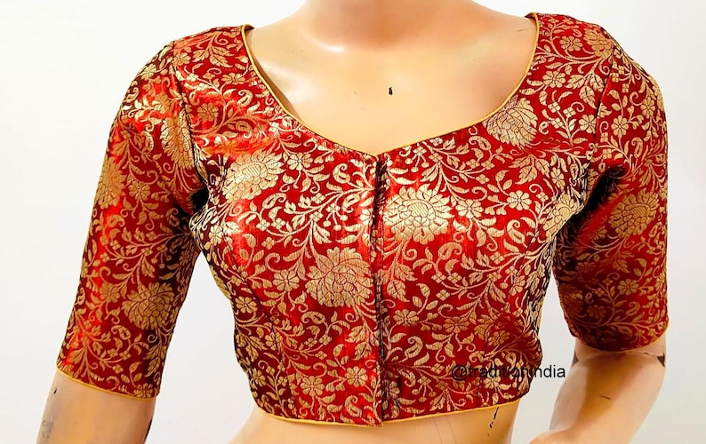 Women's Saree Blouse, Readymade Banarasi Silk Blouse, Gold Sari Blouse, Plus size Saree Blouse, Elbow Sleeves Saree Top maroon