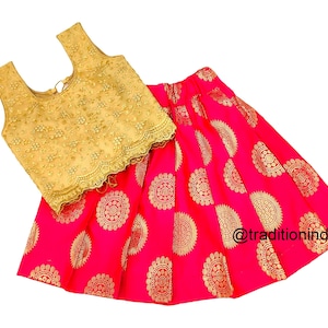 Girls Lehenga Choli, Pink & Golden Lehenga Set For Girls, Readymade Ethnic Wear Kids Lehenga, Festive Wear, New Born Baby Pavadai Set