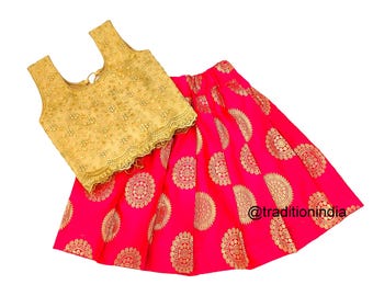 Flickor Lehenga Choli, Rosa & Gyllene Lehenga Set För Flickor, Färdiga Etniska Klädsel Barn Lehenga, Festkläder, Nyfödd Baby Pavadai Set
