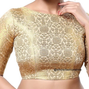 Readymade Gold Saree Blouse, Designer Saree Blouse,Brocade Silk Sari Blouse, Sari Top , Indian Sari Blouse, Elbow Sleeves Blouse