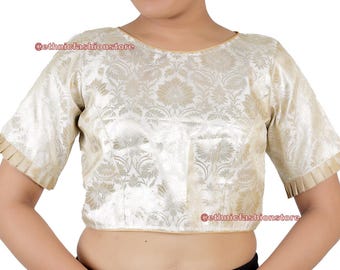 Stock Sale - Women's Saree blouse, Off White Silk Saree Blouse, Designer Indian Sari Blouse, Crop Top, White Banarasi Silk Sari Blouse