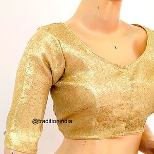 Women's Saree Blouse, Readymade Banarasi Silk Blouse, Gold Sari Blouse, Plus size Saree Blouse, Elbow Sleeves Saree Top image 6