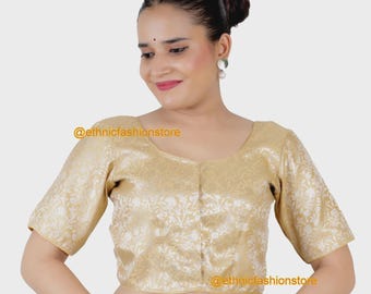 Golden Banarasi Silk Saree Blouse: Elbow Sleeves, Size 32/34/36