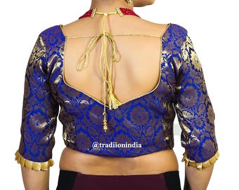 Stock Sale Readymade Royal Blue Saree Blouse, Party Wear Blouse, Ready to Wear Saree Blouse,Women's Saree Blouse, Blue Banarasi Sari Blouse