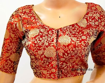 Women&#39;s Saree Blouse, Readymade Banarasi Silk Blouse, Maroon Sari Blouse, Plus size Saree Blouse, Elbow Sleeves Saree Top