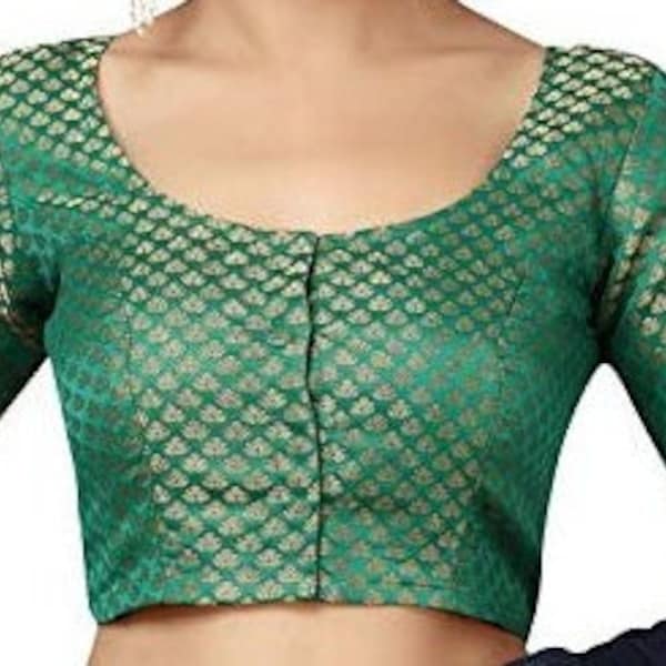Green Chanderi Silk Front Open Blouse, Indian blouse, Sari Blouse, Ethnic Choli, Traditional Saree Blouse, Readymade Blouse, Designer Blouse