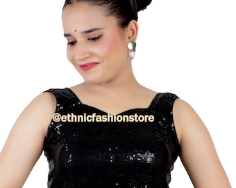 Stock SALE - Designer Saree Blouse, Readymade Sari Blouse, Indian Sari Blouse, Black Sequins Saree Blouse, Black Sleeveless Saree Blouse