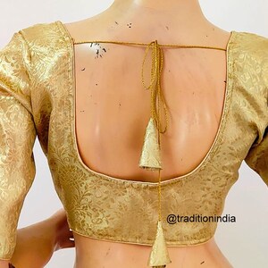 Women's Saree Blouse, Readymade Banarasi Silk Blouse, Gold Sari Blouse, Plus size Saree Blouse, Elbow Sleeves Saree Top image 3