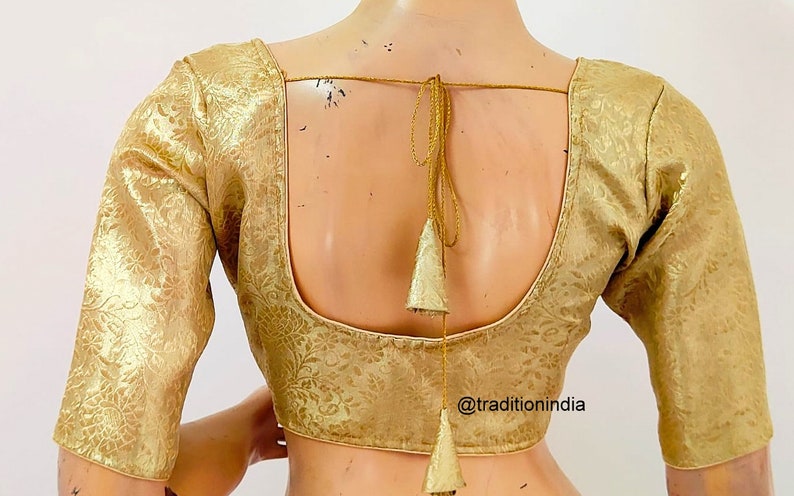 Women's Saree Blouse, Readymade Banarasi Silk Blouse, Gold Sari Blouse, Plus size Saree Blouse, Elbow Sleeves Saree Top image 3