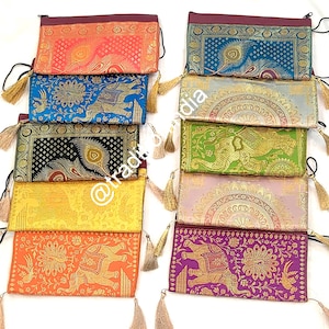 Banarasi Seidentasche für Frauen, indische handgefertigte Geldbörse, Mädchen Handytasche, Haldikumkum Rückgabegeschenk, Rückgabegeschenkartikel, Hochzeitstasche, Shagun Tasche