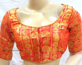 Stock Sale Readymade Red Saree Blouse, Designer Blouse, Brocade Silk Sari Blouse, Sari Top , Indian Sari, Elbow Sleeves Blouse Bust Size -38