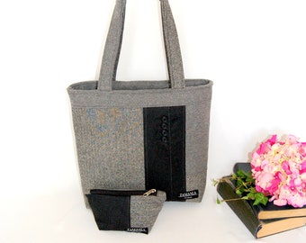 Recycled wool suit womens large tote bag with zipper